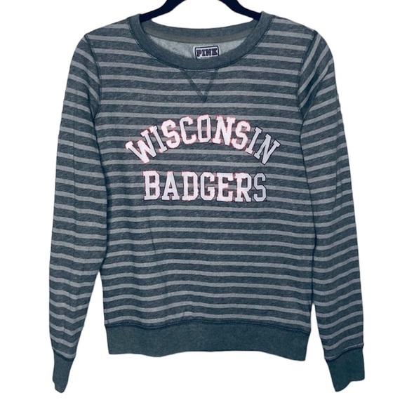 PINK VS | University of Wisconsin Badgers Striped Crew Neck Sweatshirt - Picture 1 of 6